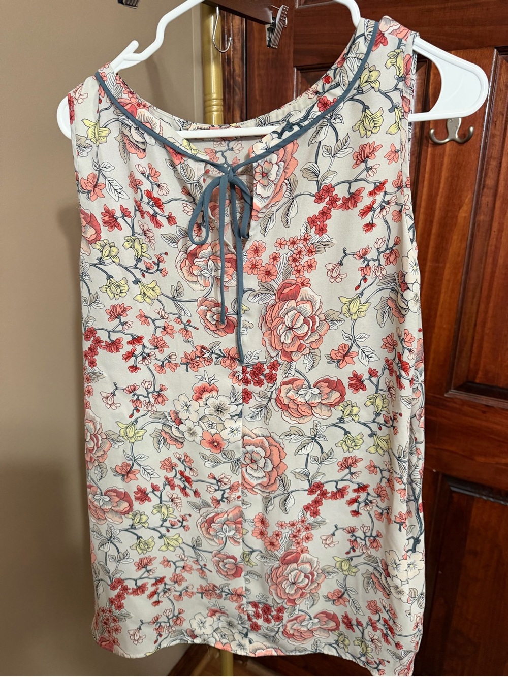 Floral Sleeveless Tie-Neck Blouse - Cream with Coral and Yellow